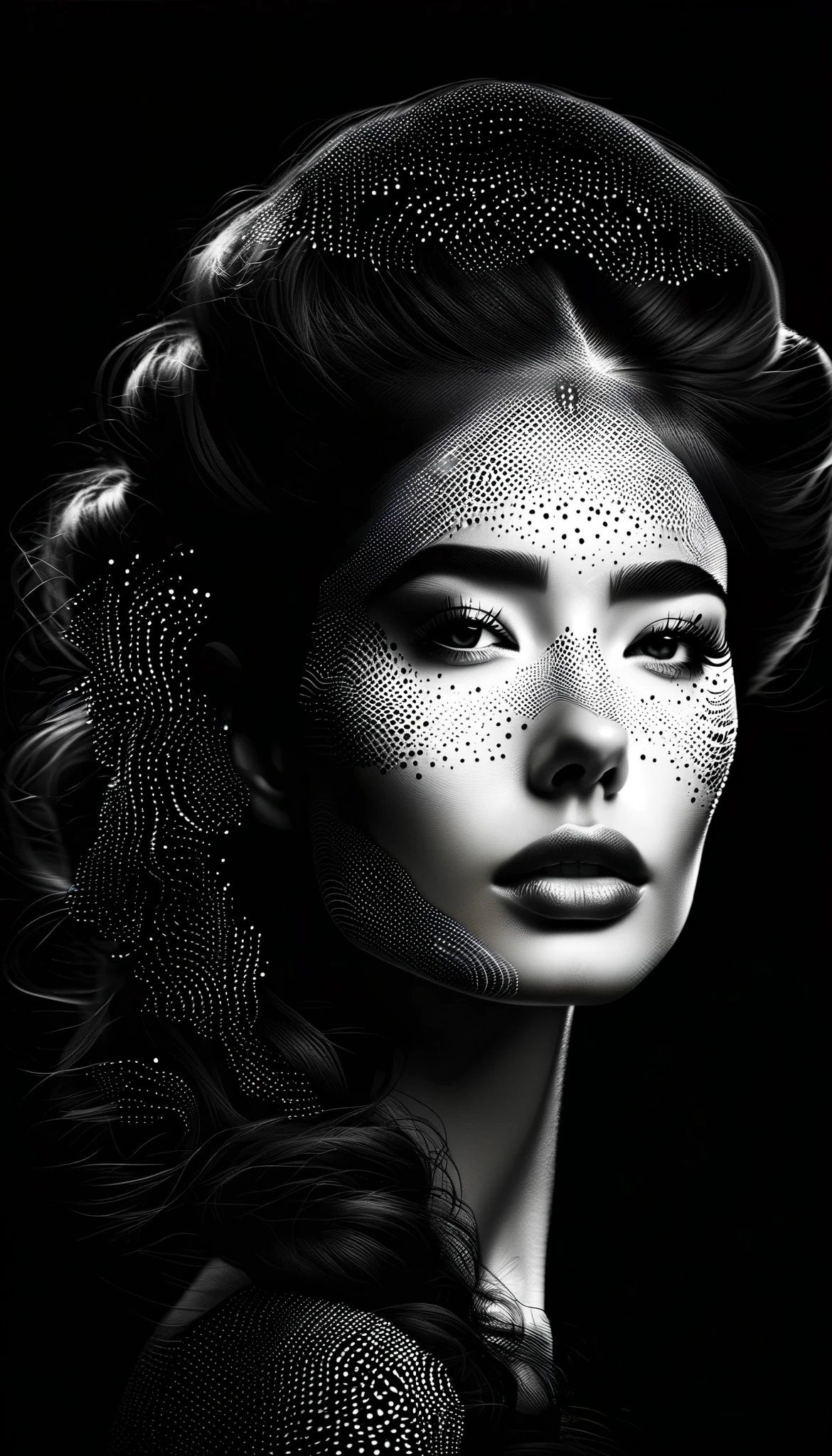 The black-and-white digital art,Side portrait showing a woman with very long curly hair。image consists of countless tiny dots of light,These light spots outline the character's outline and facial features against a dark background。This dotted visual effect creates a sense of technology and the future,and gives the picture a mysterious and abstract atmosphere