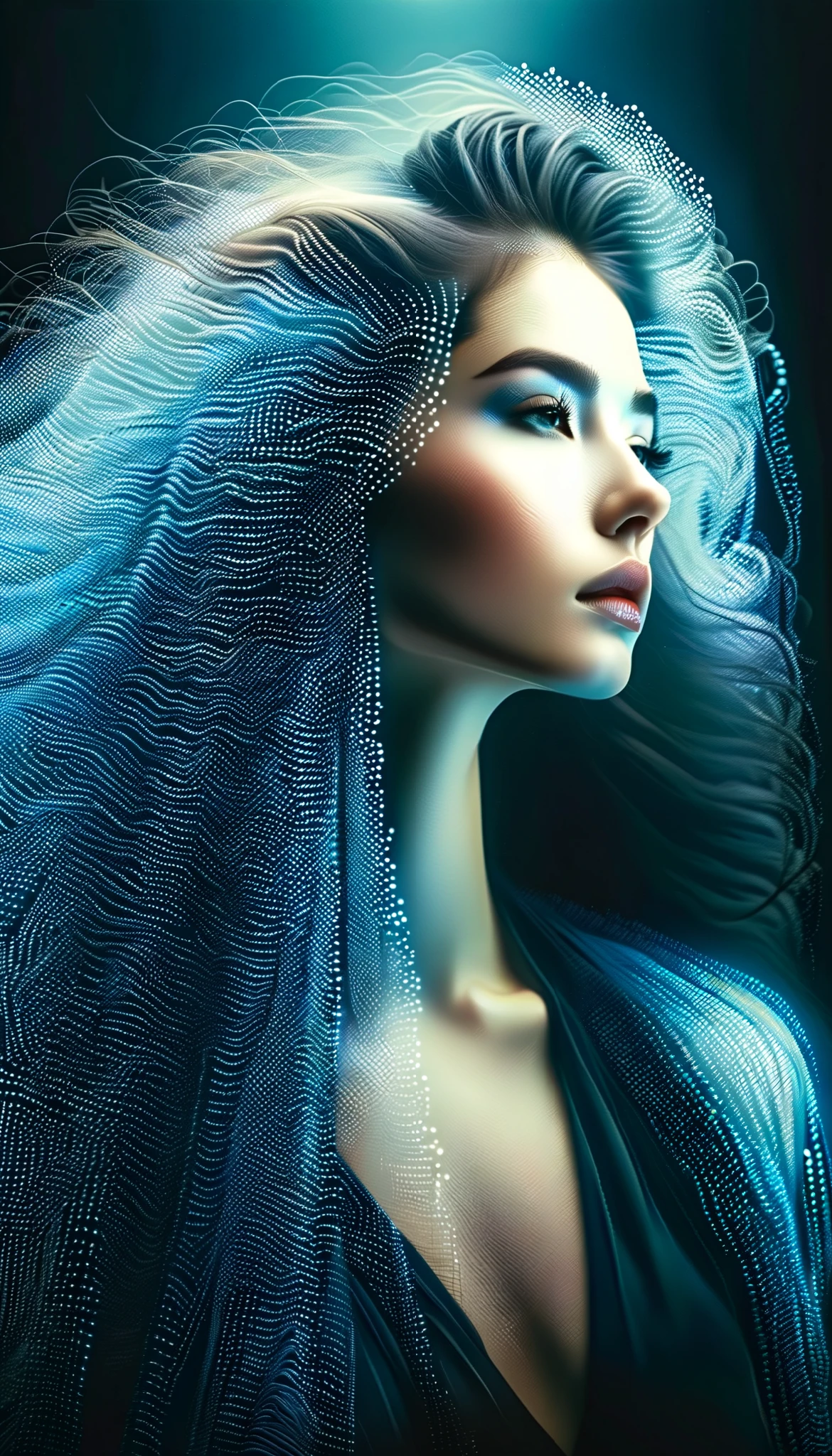 blue and white style digital art,Side portrait showing a woman with very long curly hair。image consists of countless tiny dots of light,These light spots outline the character's outline and facial features against a dark background。This dotted visual effect creates a sense of technology and the future,and gives the picture a mysterious and abstract atmosphere