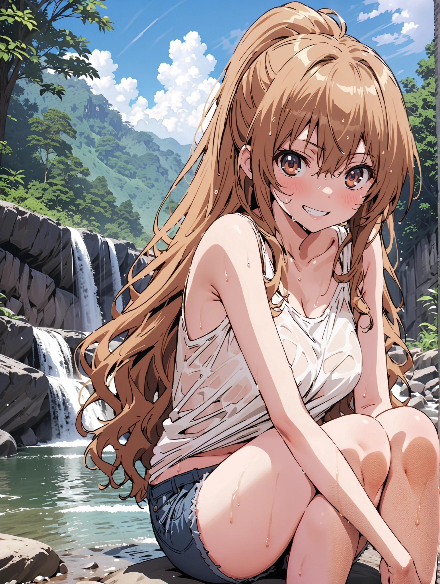 score_9, score_8_up, score_7_up, source_anime,
Taigaisaka, Aisaka Taiga,Alone, long hair, brown hair, brown eyes,ponytail,smile, grin ,Black T-shirt,belly button sticking,Tie the hem of the shirt,denim micro shorts,Bare legs,wet skin,wet hair, wet clothes,in line of sight,river,Mountain,forest,waterfall,river遊び, playing in the water,full bodyがイラストに入るように,
break outdoors, nature,
break looking at viewer,full body,
break (masterpiece:1.2),top quality , kampala, Unity 8K Wallpaper ,(shape:0.8),( fine, beautiful eyes :1.6),It's a person ,full body写真,CG Details , (perfect hands with full nudity, complete anatomy),