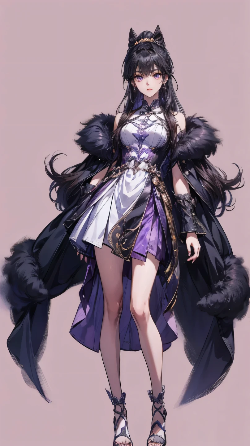 Masterpiece , best quality, 1 Xiao Wu , Face Color Looks Cool , Strong, Golden Left Eye , Red Right Eye , Long hair, Black hair, Firm Eyes , Simple Uniform , Black Long Earrings , Chinese , Front, back, left, right Photo , simple background, purple Background , Anime, illustration, Full body , bun hair , black fluffy animal coat on shoulders , girl , purple eyes , short , character sheet , detail dress , pink