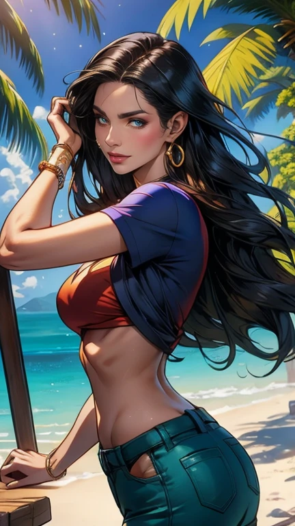 brazilian woman, dark skin, perfect brown eyes, details, elf ear, eyebrow, smiling, lips, long straight white hair, sweatshirt neckline on breasts, neckline on belly, short ripped open shorts, thin waist, thick legs, thick thighs, background scenery, rio de janeiro ultra detailed, on the beach, night light, night, beautiful night