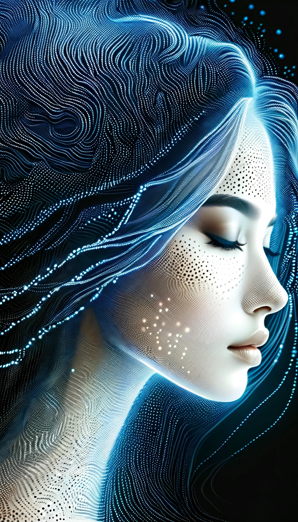 blue and white style digital art，Side portrait showing a woman with very long curly hair。image consists of countless tiny dots of light，These light spots outline the character's outline and facial features against a dark background。This dotted visual effect creates a sense of technology and the future，and gives the picture a mysterious and abstract atmosphere