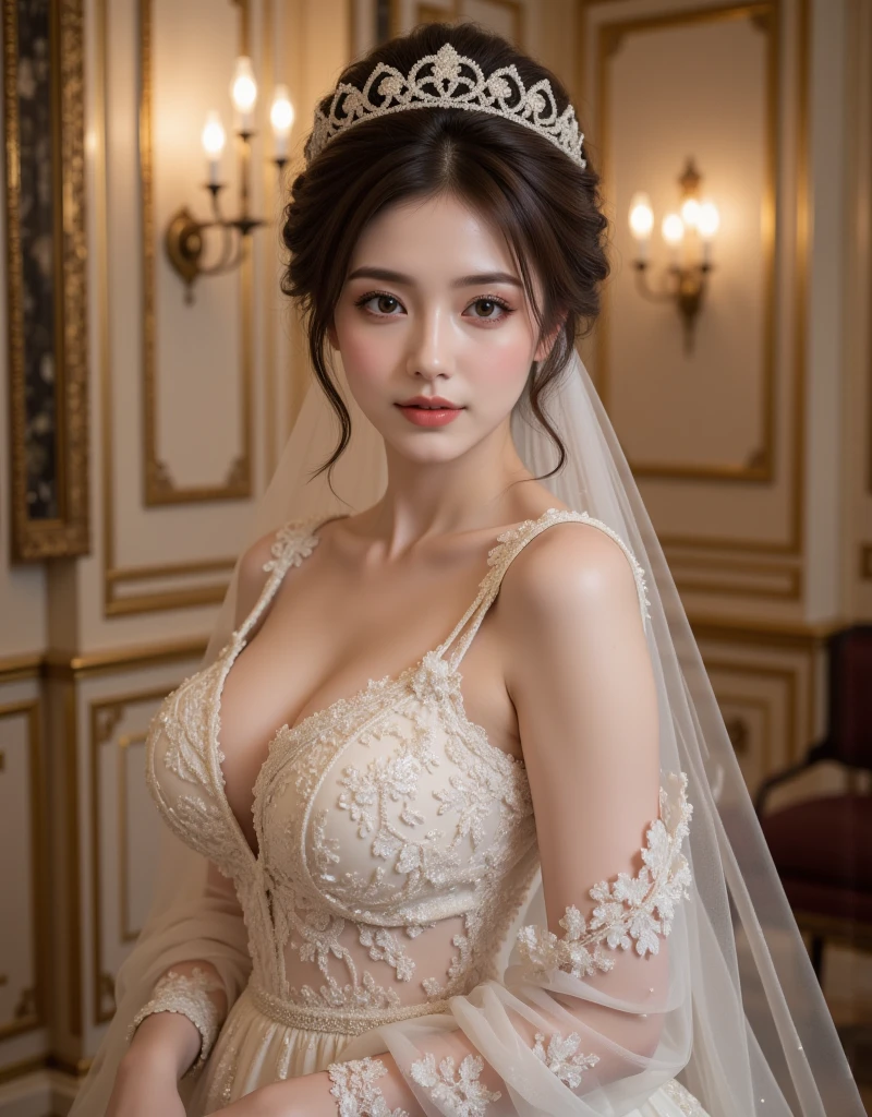 (Highest quality、High-quality photos、8k、Best image quality、Award-winning works)、One beautiful bride、(alone:1.1)、(The most extravagant and gorgeous huge pure white wedding dress:1.2)、(Perfect Wedding Lace:1.2)、(The most gorgeous and luxurious giant tiara:1.3)、(The most extravagant and luxurious giant necklace:1.3)、The finest jewellery decoration、Perfect Makeup、Long eyelashes、Ultra HD Shining Eyes、Ultra HD Hair、Ultra High Resolution Glossy Lips、Beautiful face in ultra-high definition、(Accurate anatomy:1.1)、Very bright and beautiful skin、very bright and vivid、Perfect beautiful bridal hairstyles、(Front facing body:1.1)、(The simplest solid color background:1.1)、(Voluptuous body:1.1)、(Large Breasts:1.1)、(Cleavage:1.1)