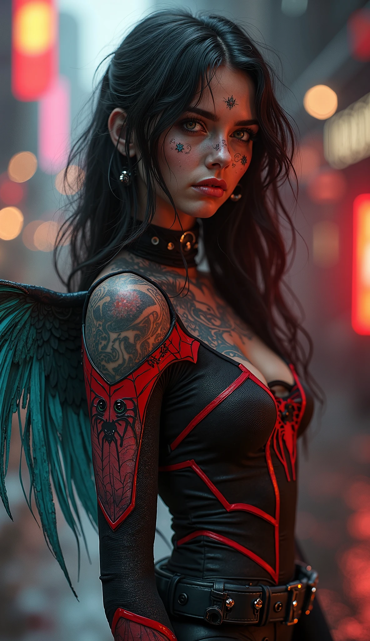 Ultra-detailed shot of an attractive and provocative evil fallen woman in black and red tattooed sexy with cybernetic wings, Sosteniendo un arma, ((cuerpo completo:1.2)) Parece loca, Pelo largo y pelirrojo en movimiento, Action shot pose, Cybernetic prostheses available, Una cicatriz profunda, Pose atractiva y provocativa,  (((peinado bob medio afeitado))) Ultra-futuristic city with neon lights, colores muy brillantes, fotografiado por MSchiffer, renderizado 3D Realista, (high saturation:1.3) colores contrastantes, noche lluviosa