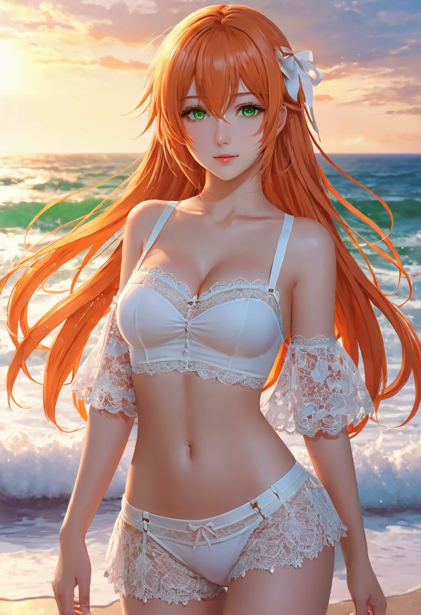 beautiful 24 year old woman light skin orange hair red eyes like rubies round animal ears. . pechos grandes bien formados. sonrisa. bikini verde pose sexy fondo una playa desolada. crema blanca bajan por sus pechos crema color blanco en sus pechos
