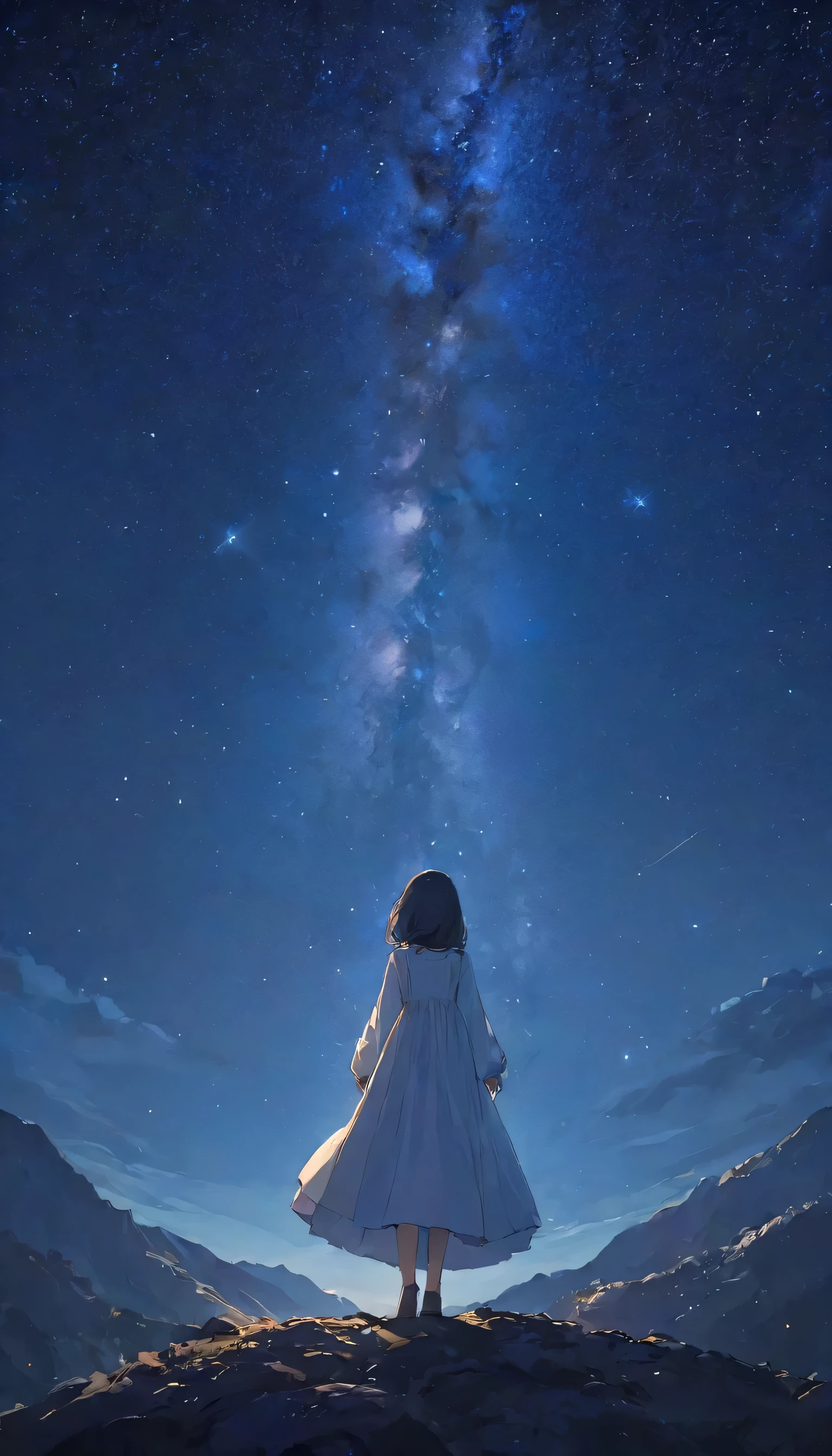 look up_Away、night、Respect:1.5、night空、milky way、Countless Stars々、one person's、8 heads、White dress with long sleeves、Box Dress、In the mountains、Dim lighting、Dark darkness