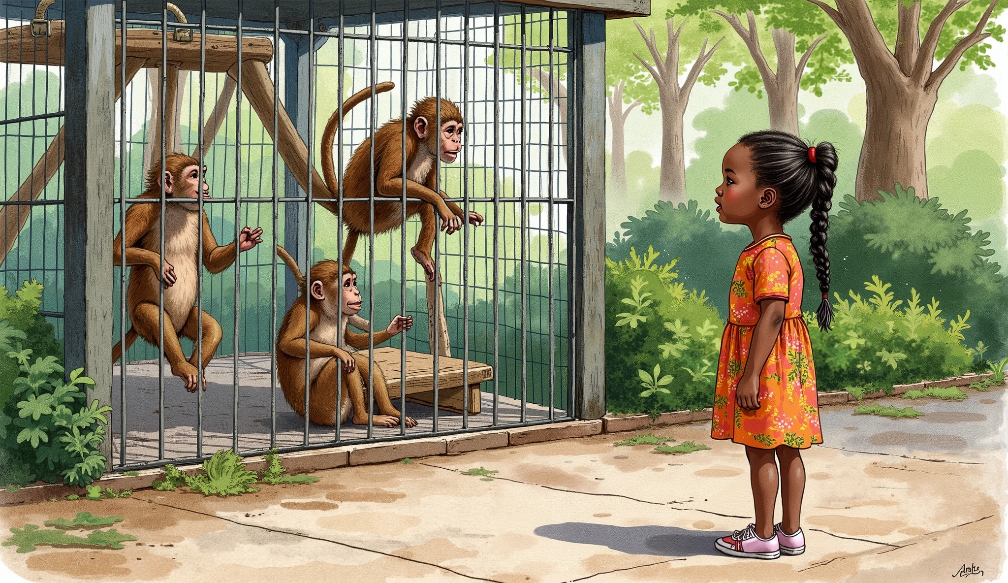 A young Nigerian girl with neatly braided hair, dressed in a casual yet colorful outfit—perhaps a knee-length dress with African prints or a simple top and skirt—stands in front of a monkey enclosure at the zoo. Her expression is one of curiosity and delight as she watches the playful monkeys inside the cage. One monkey might be hanging from a branch, another sitting and observing her, while a third reaches out toward her through the bars.
The background features lush greenery, with tall trees and bushes creating a natural setting. The zoo enclosure is made of sturdy metal bars or wire mesh, with wooden climbing structures and ropes for the monkeys. The ground beneath the girl is a mix of paved walkway and patches of grass, adding to the realism of the scene.
Rendered in a watercolor traditional art style, the illustration should have soft, blended colors that evoke a warm and gentle atmosphere. The girl's vibrant clothing contrasts with the earthy tones of the environment, while subtle details like dappled sunlight filtering through the trees add depth and charm to the composition.