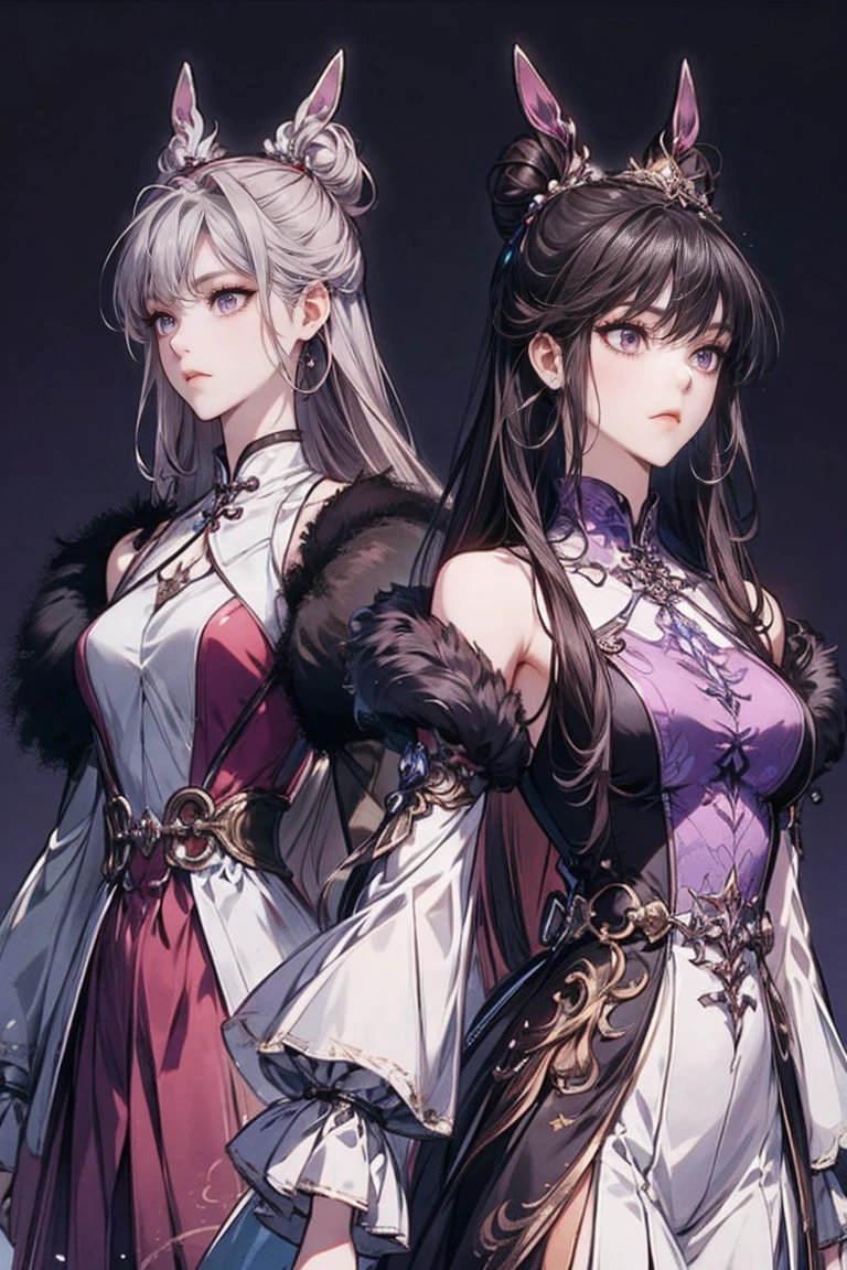 absurdres, RAW photo, extremely delicate and beautiful, masterpiece, Best Quality, ultra high resolution, 32k, hyperrealistic, ultra-detailed, detailed description, perfect anatomy, pale skin, 20 years old, detailed beautiful face and eyes, tearful mole, earring, short medium hair, wavy hair, random colored hair, whole body shot, colossal tits, ((yuri)), (((2 girls))), ((Practical pirate clothing)), Long-sleeved pirate top, Skirt,