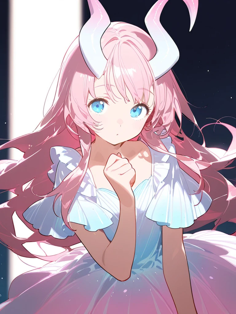 (best quality:1.2), (masterpiece:1.2), 1girl, <lora:kanameMadoka_v10:1>, kaname madoka, pink absolute very long hair, ultimate madoka, white dress, small breasts, floating in space, light smile, looking at another, yellow eyes