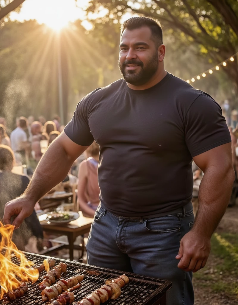 a fat and strong man, daddy style, vestindo um avental branco e segurando um espeto de BBQ, naked man, body covered in lots of hair, erect penis, ejaculating semen, Generic summer garden, green grass and white fences, BBQ