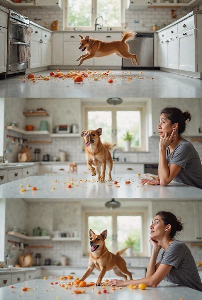 Make a realistic 4k image of a baby throwing the cell phone at the mother and the mother crying and the dog angry and the bird with an evil face