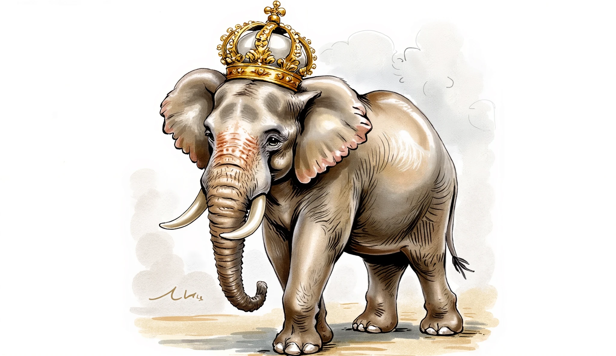 An elephant with a golden crown on its head.
Water color illustration, no background