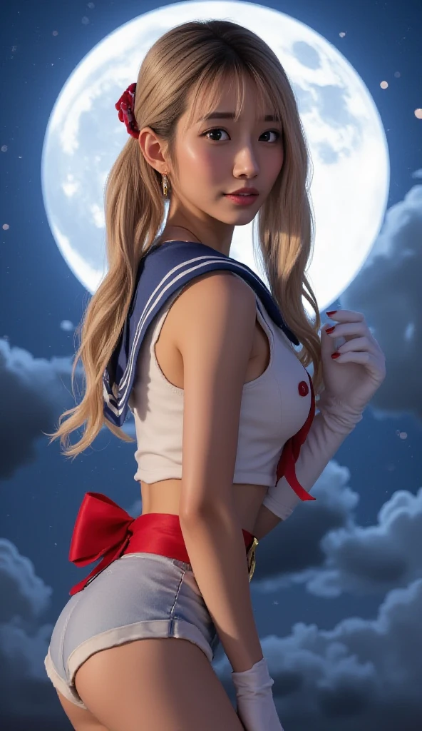 Beautiful girl、Sailor Moon, Beautiful Blue Eyes、Whole Body Ezbian、Double good, Long twin tails, Blonde hair that is almost yellow、Beautiful blonde long hair、Parted bangs, Circlet, A cute 19 year old face、Putting his hands behind his back、choker, White gloves, Blue Skirt、Bullish girl、Thighs Thighs Thighs Thighs、Big Breasts、Large Breasts、Big Hips、Put your hands behind your back、Put your hands behind your back、Beautiful breasts、Beautiful feet、Big red ribbon on chest、full moon、Night Scenery、Building lighting、White panties、Skirt fluttering in the wind。