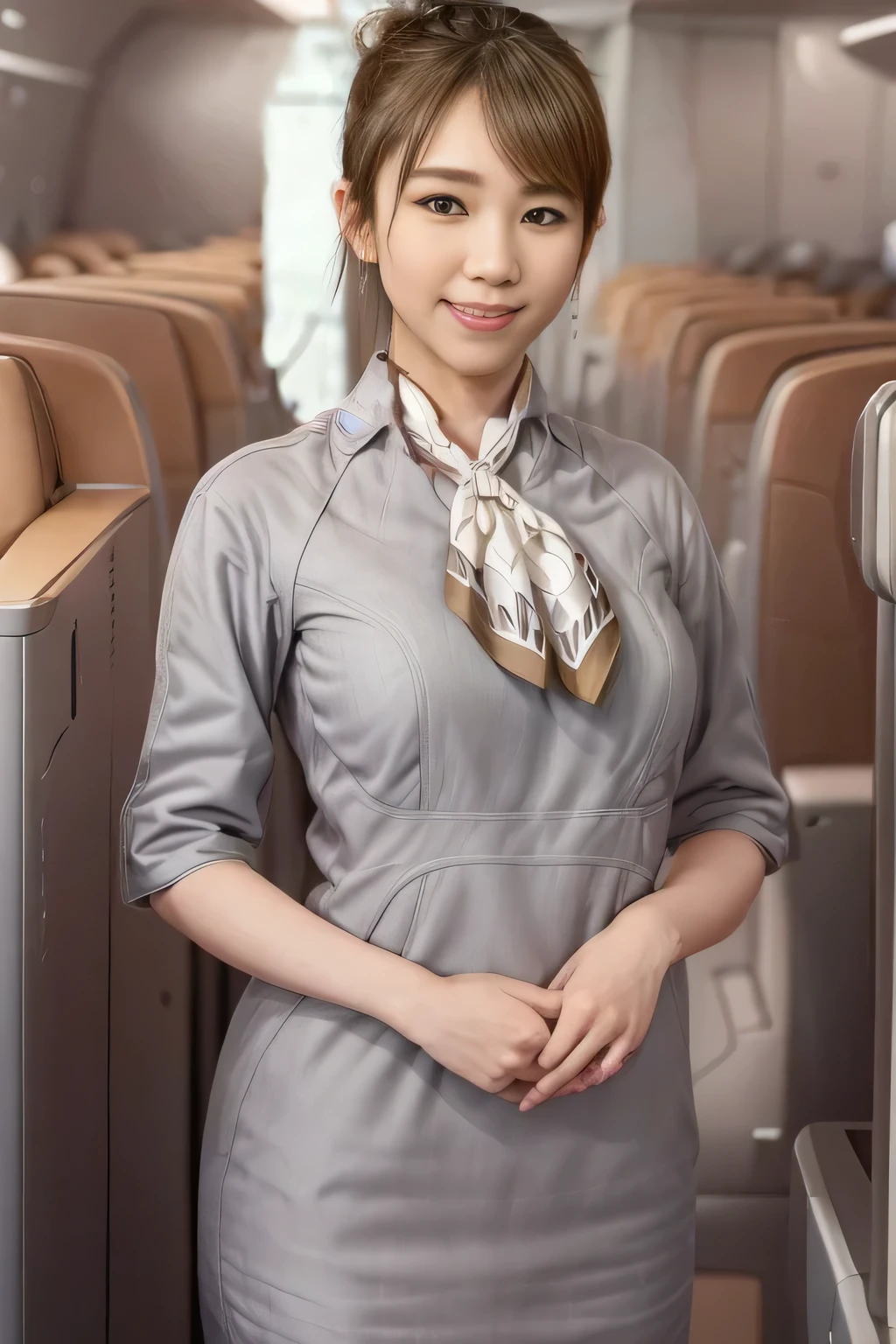 (masterpiece:1.2, best quality:1.2), 32kHDR, High Resolution, (alone、1 girl)、(Starlux Flight Attendant Uniforms)、 (At the airport counter, professional lighting)、A proper woman, beautiful face,、(Starlux Flight Attendant Uniforms Short Sleeve)、(Starlux Flight Attendant Uniforms)、(Scarf on chest)、Big Breasts、(long hair、hair bun)、dark brown hair、 long hit 、(( amazing hands:2.0)),((A harmonious body shape:1.5)),((Normal limbs:2.0)),((Usually refers to:2.0)),((Normal eyes:2.0)))、Beautiful position、earrings、smile、Hands crossed underneath