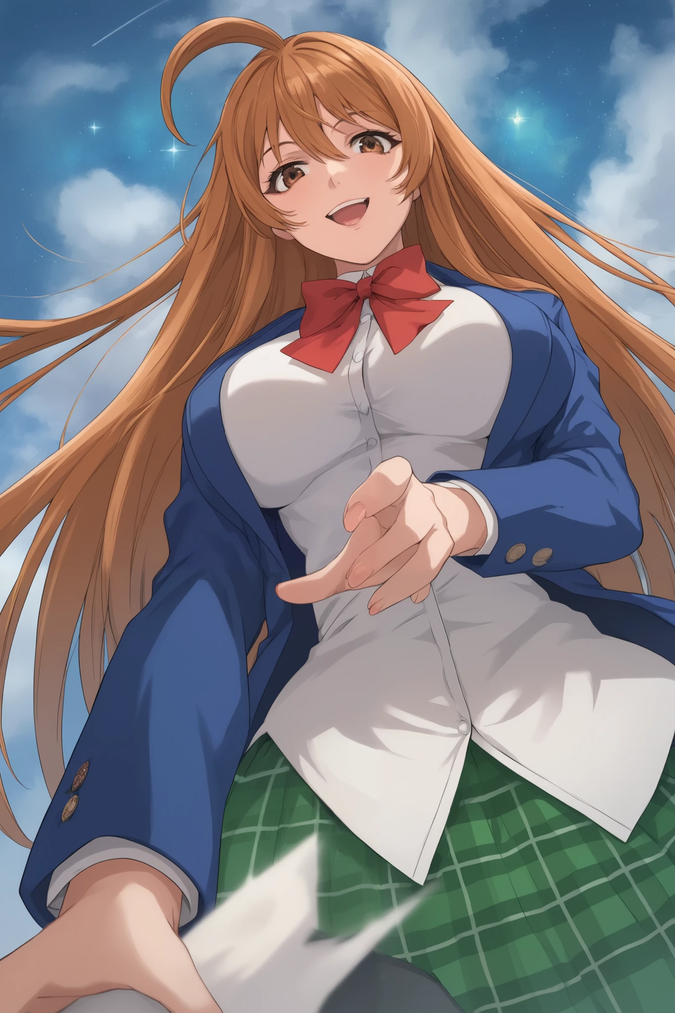 best quality,masterpiece,looking at viewer,absurdres,1girl,score_9,score_8_up,score_7_up,source_anime BREAK natsume aya,orange hair,long hair,brown eyes,ahoge,breasts,white ,skirt,bow,plaid,large breasts,jacket, plaid, green plaid skirt, blue blazer, evil, evil smile, giga giantess, space, planets, stars, front below, looking down