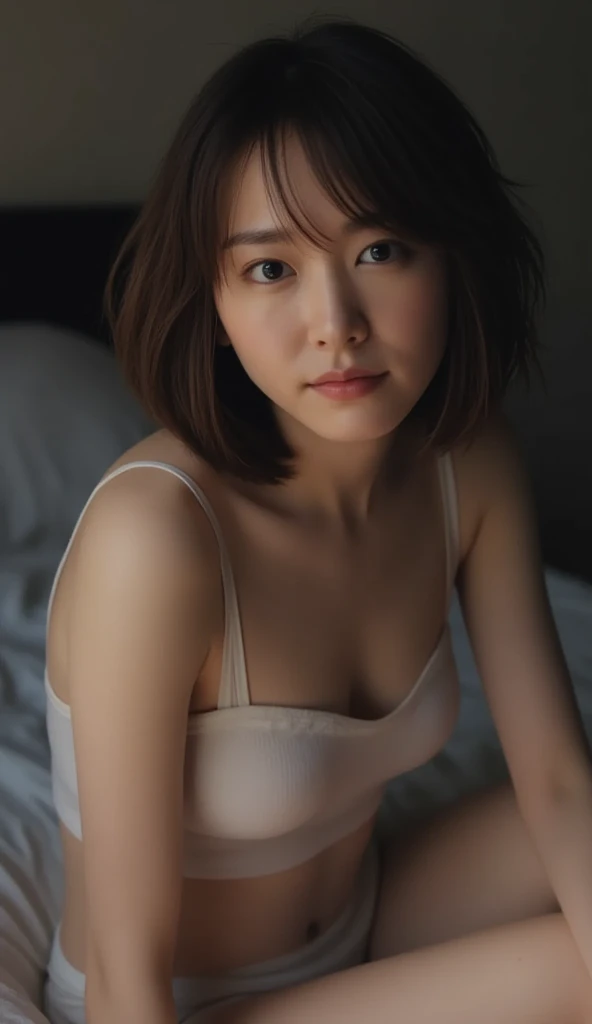 Ultra-detailed 40K photo, masterpiece, ultra high res, (photo realistic:2.0), soft warm lighting, ultra detailed vast background, front view, full body shot, an ultra-detailed Japanese girl, short brown hair, Posing as a ultra sexy model in an open, inviting expression, with a cat,