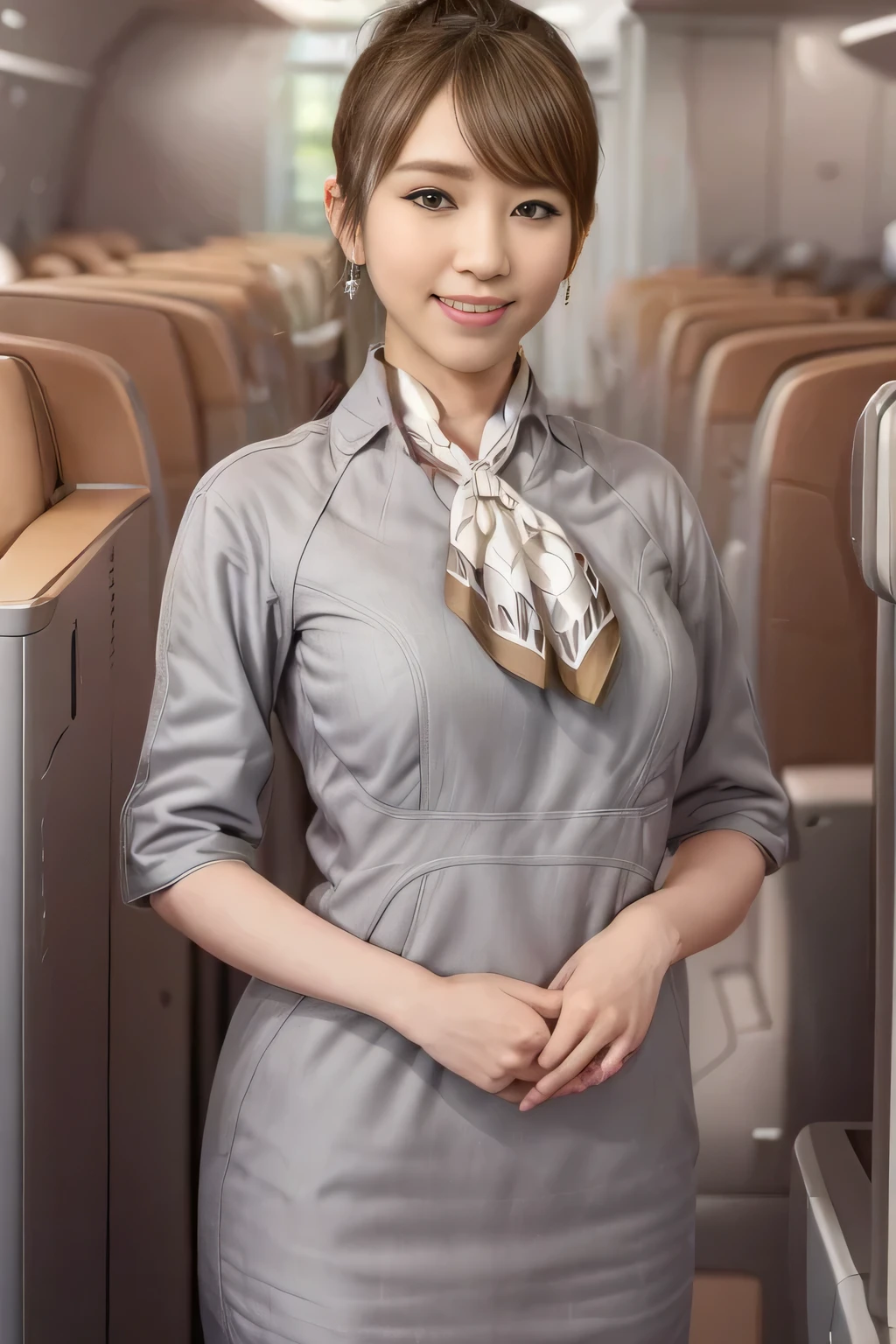 (masterpiece:1.2, best quality:1.2), 32kHDR, High Resolution, (alone、1 girl)、(Starlux Flight Attendant Uniforms)、 (At the airport counter, professional lighting)、A proper woman, beautiful face,、(Starlux Flight Attendant Uniforms Short Sleeve)、(Starlux Flight Attendant Uniforms)、(Scarf on chest)、Big Breasts、(long hair、hair bun)、dark brown hair、 long hit 、(( amazing hands:2.0)),((A harmonious body shape:1.5)),((Normal limbs:2.0)),((Usually refers to:2.0)),((Normal eyes:2.0)))、Beautiful position、earrings、smile、Hands crossed underneath