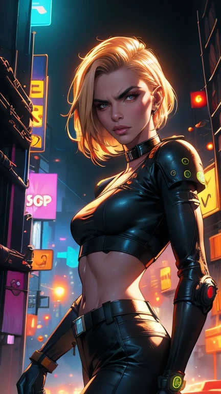 Cara Delevingne as Android 18, graphic novel style,photorealistic,hyper-detailed,8K,HDR,cinematic lighting,dramatic pose,intense expression,intricate android mechanics,futuristic cityscape background,neon lights,moody color palette,digital painting