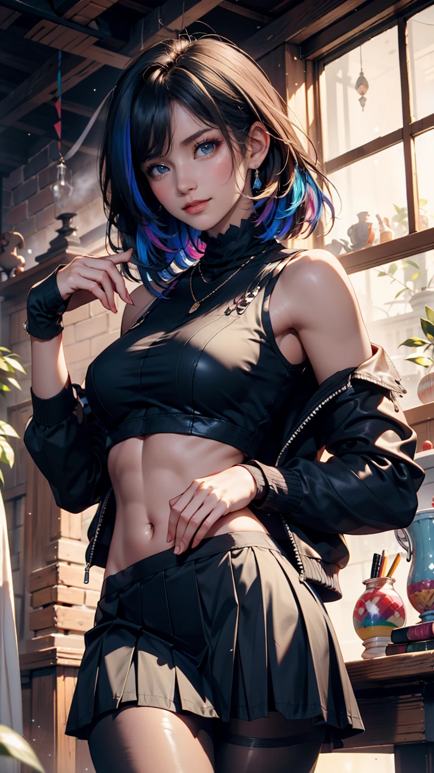 a girl, big eyes, red eyes:1.2, jewel eyes:1.2, black eye shadow, lipstick, parted lips, short messy hair with long sides, black and blue multicolored hair, medium breasts, wearing black solid shoulder top, cargo pants , navel, arms with tattoos, authentic skin texture, organic skin, dense hair:1.4, masterpiece, best quality, cinematic lighting, textured skin, anatomically correct:1.8, high detail, 8k wallpaper unit, strength noise removal: 1.8