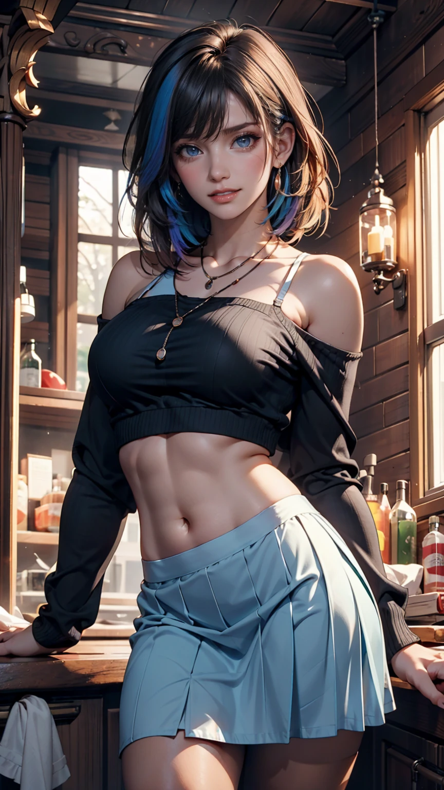 Bare shoulders and ample breasts、Narrow waist、Shoulder Tops、Low-rise miniskirt、Cowboy Shot、Rainbow Hair、Colorful clothes、24-year-old woman