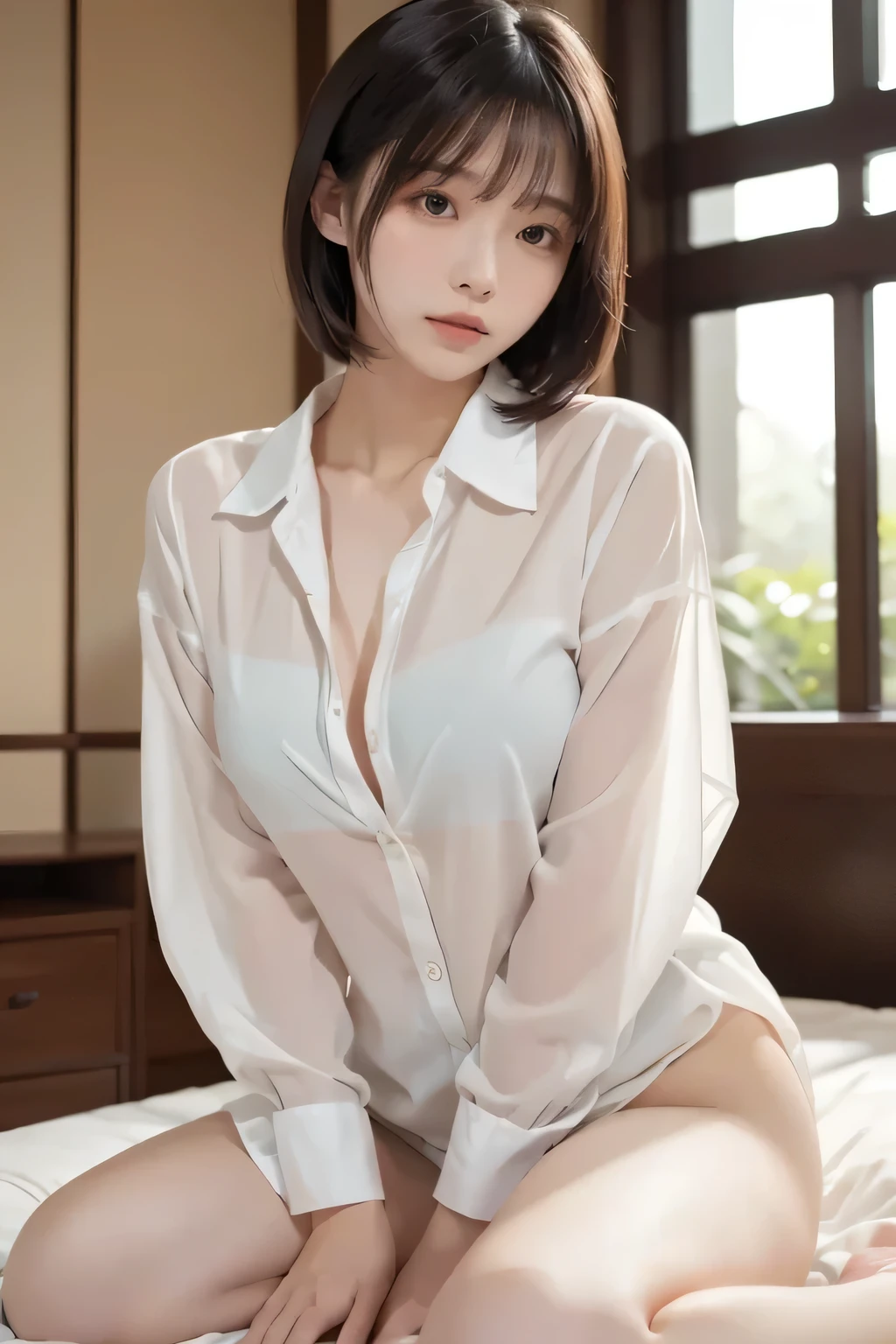 Mix 4, (8k, Live Shooting, Highest quality, masterpiece: 1.2), (Real, Photorealistic: 1.37), One Cute, night, rain, Wetty, Professional Lighting, Photon Mapping, Radio City, Physically Based Rendering, Gradient black hair, Gray Hair, Short Curly Hair, good looking, Highest quality写真, High resolution, 1080P, (Clear Face), (Detailed face description), (Detailed hand description), (masterpiece), (Exquisite CG)、Extreme light and shadow、Disheveled Hair、Masterwork、Rich details、(Fine facial features)、(Highest qualityの写真)、(Masterpiece)、(Detailed eyes)、Look in front of you、Detailed clavicle、((Mid-breasted))、Nipple erection、Sexy、Lady、Clear、Smooth Hair、No shine on clothes、Shorts、White T-shirt、Loungewear、Living room of the house、