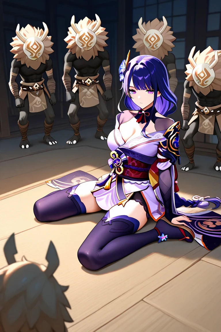 (masterpiece, best quality:1.2), cowboy shot, solo, 1girl, raiden shogun, deep-purple hair & kimono color, arroused look - mouth gapping in moaning, looking at surrounding, arms behind head, single big & long braid, pleated skirt, thighhighs, (gloves:1.1), huge breast, thicc, curvy, full body, lacey underwear, shoulder arm-stockings, full body, bottomless kimono with generous cleavage, sitting - legs apart, (my crotch getting cunnilingus by hilichurl), BREAK, ((seduced by Hillichurl's big cock)), (inside the shinto-inspired shrine), INAZUMA ambience (/from Genshin Impact)/ -auto