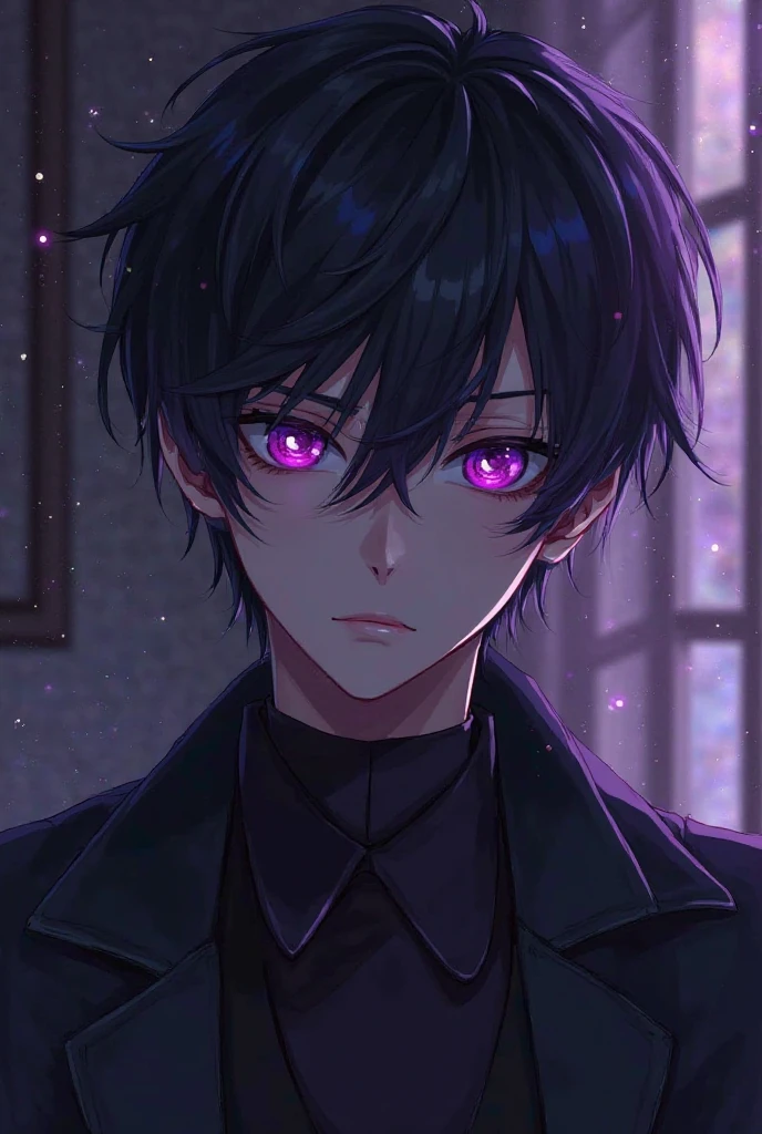 A boy with bright hot pink eyes and violet hair with a katana