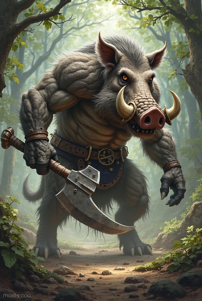 A pig man whose right hand was replaced with a rusty old iron hand has large tusks and a beard holding a wooden stick Walking in the middle of a very scary forest 
