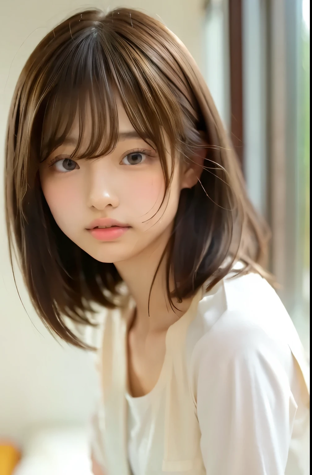 masutepiece, Best Quality, 8K, 1 girl, Right human hands, Correct human finger, japanaese girl, gros-plan, Cute, Girly, Delicate girl, Neat and clean beauty, medium breasts, Sexy lips, Luminescent, Looking away, Raw photo, F/1.8, 135 mm, NIKON, Anatomically correct, Bokeh,Textured skin, Professional Photography, Portrait, Soft light, Professional Lighting, Back Light, boobs film grain, (Eyes and faces with detailed:1.0), Brown hair, Medium hair swaying in the wind, T-shirt, Cardigan