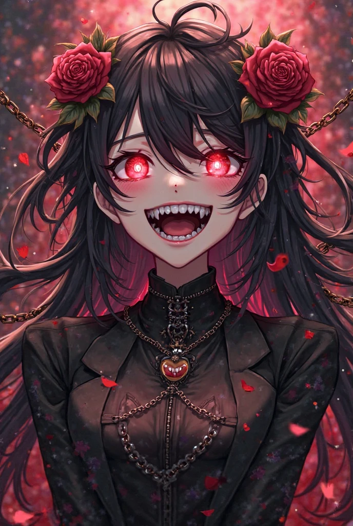 Appearance: Gothic vampire girl with long wavy black and magenta (hot pink) hair, fully revealing both eyes.
Eyes: Bright red eyes with a mischievous, predatory gaze, unobstructed by hair.
Teeth: Sharp fangs visible in a sly smile.
Accessories: Multiple piercings, including spiked earrings and black stud earrings.
Tattoo: Black tribal-style tattoo on her arm.
Clothing: Sleeveless black gothic outfit with a metallic chain necklace featuring a red rose pendant.
Makeup: Subtle blush with small beauty marks on her face.
Mood: Playful and slightly menacing expression.
Background: Dark or black, complementing her gothic aesthetic.