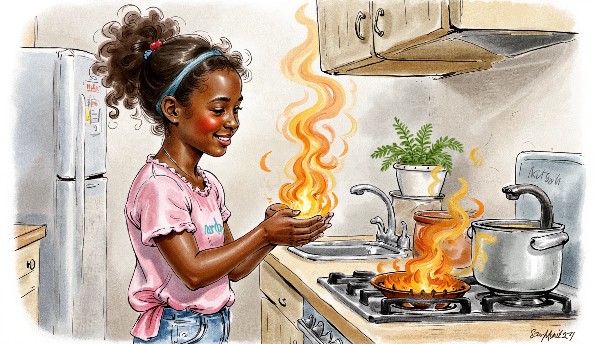 A Nigerian girl playing with fire in the kitchen
Water color illustration, no background