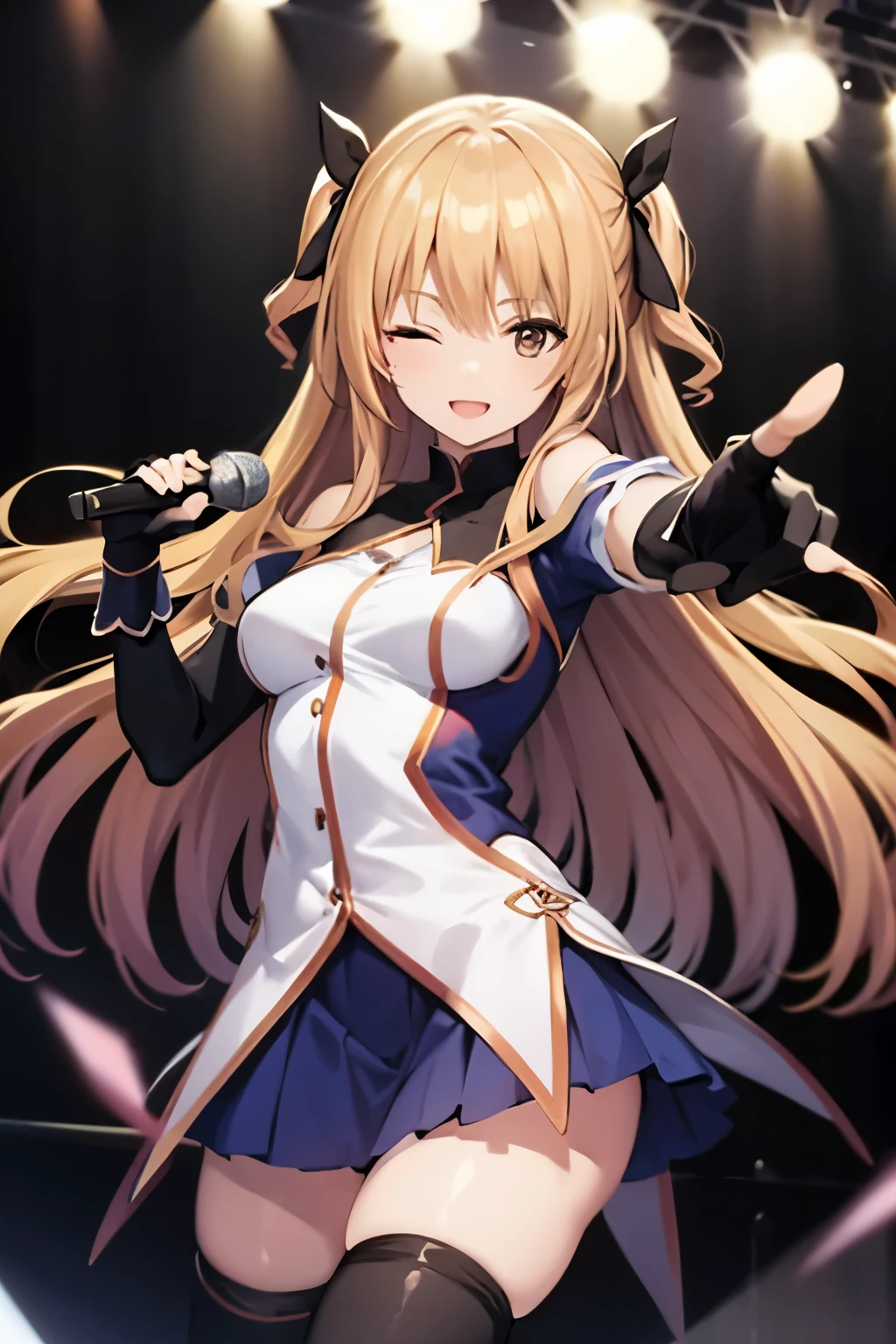 {{{masterpiece}}}, {{{best quality}}}, {{super detailed}}, { illustration of a woman with a penis }, {{Extremely Delicate and Beautiful}}, 8k,, hidden hair, hair bow, Off Shoulder Shirt, elbow gloves , blue skirt, Thigh High Socks, absolute region with to, smile, fingerless gloves ,Double Piece Poses, smile, open your mouth, one eye closed, (Pointing,Anatomically Accurate Hands) holding a microphone, indoors,Glamorous Stage