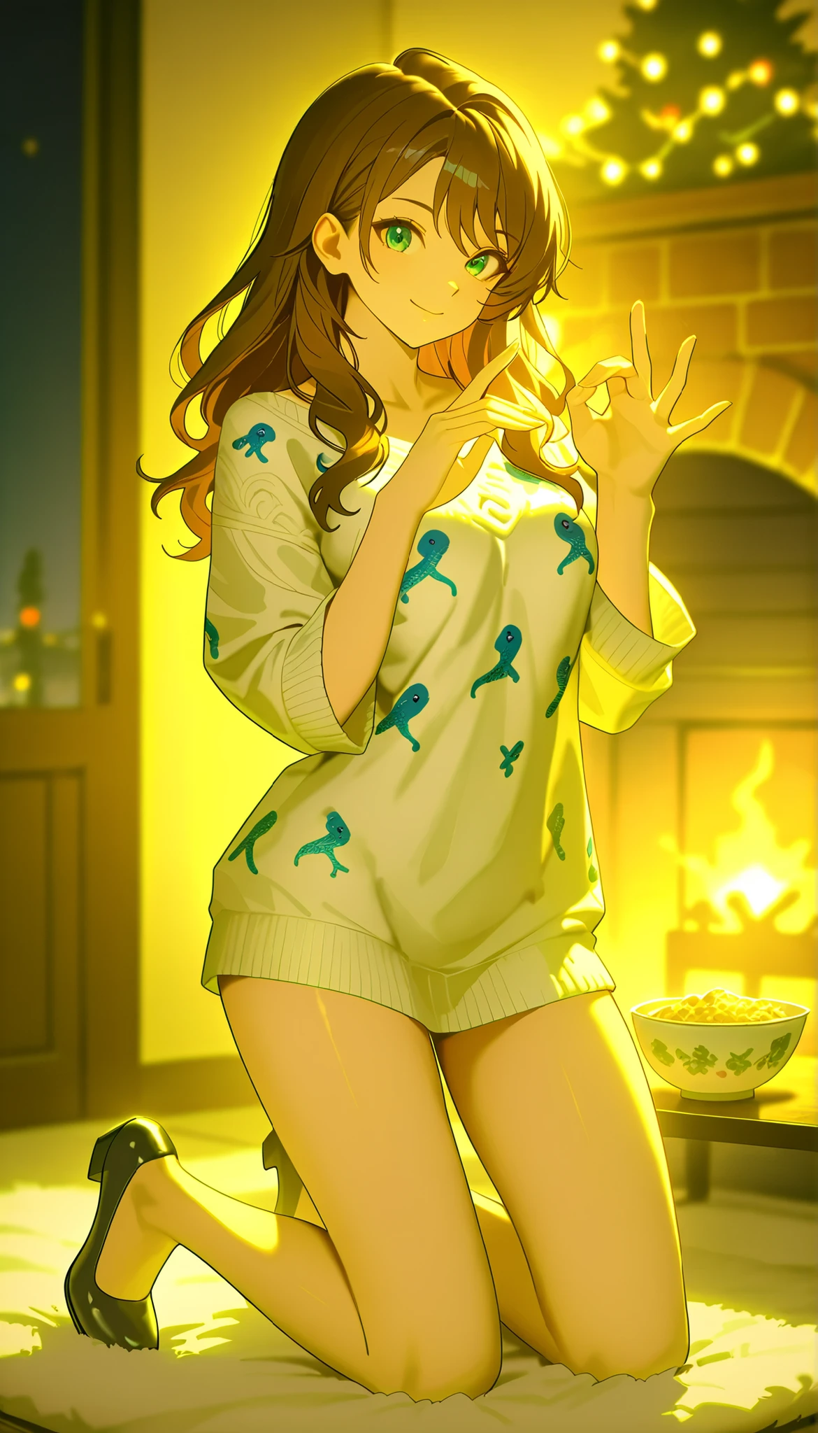 There are no pants , ショートbrown hair, Neck Length, green eyes, digital painting inspired by Thomas Hanukkah, trending on pixiv, cereal art, snake gesture style , Full body details, casual clothes, Style Anime, Anime style ultra detailed, anime style characters, impressive detailed art style , realistic art style , pretty detailed anime style , modern anime style , brown hair