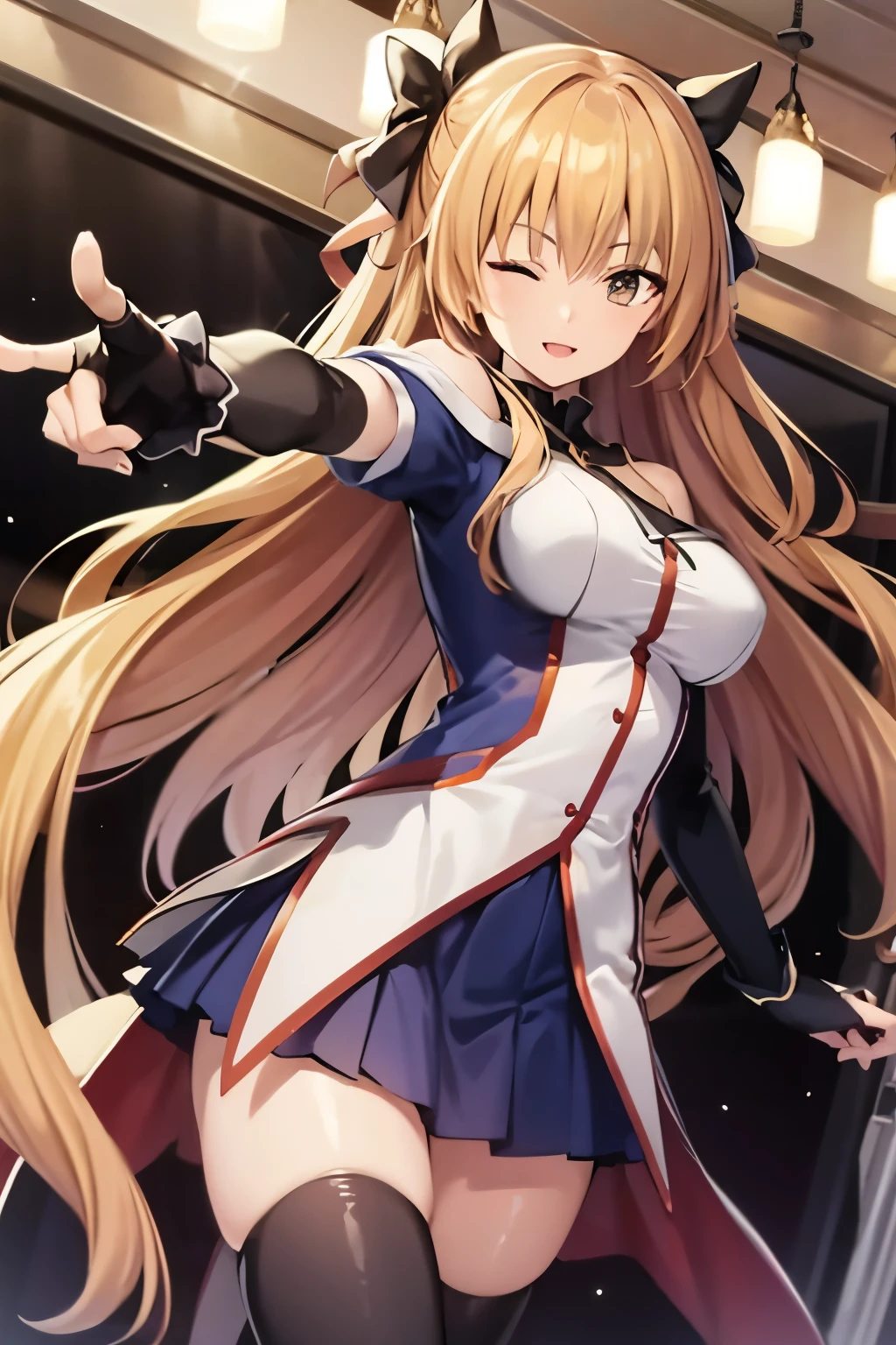 {{{masterpiece}}}, {{{best quality}}}, {{super detailed}}, { illustration of a woman with a penis }, {{Extremely Delicate and Beautiful}}, 8k,, hidden hair, hair bow, Off Shoulder Shirt, elbow gloves , blue skirt, Thigh High Socks, absolute region with to, smile, fingerless gloves ,Double Piece Poses, smile, open your mouth, one eye closed, (Pointing,Anatomically Accurate Hands) holding a microphone, indoors,Glamorous Stage