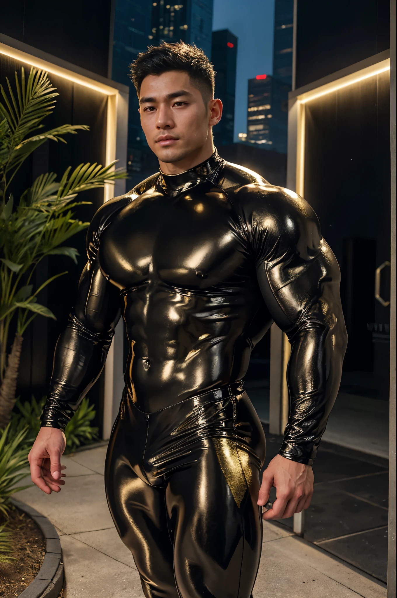 ultra high res, best quality, photo, 4k, (photorealistic:1.4), cinematic lighting, a muscular korean handsome man, young handsome stud, oppa, abdominal muscle, wearing black gold tight rubber suit from head to toe,gold black tight rubber leggings,cyberpunk environment,green lushy japanese garden courtyard, portal of the future, volumetric light, HD, magic, god light, backlighting, detailed face, contrapposto,tight suit showing his muscular features,big biceps,muscular body,big body