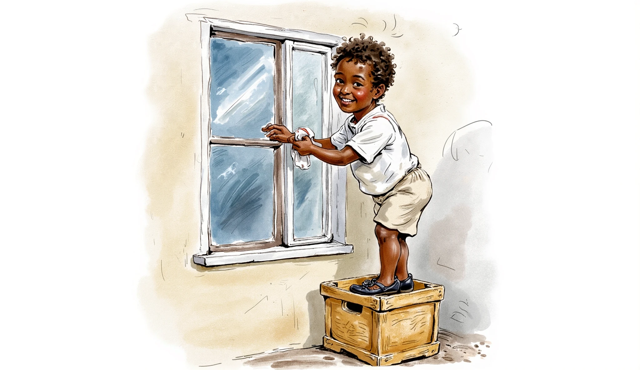 A Nigerian boy standing on a crate to clean a wimdow
Water color illustration, no background
