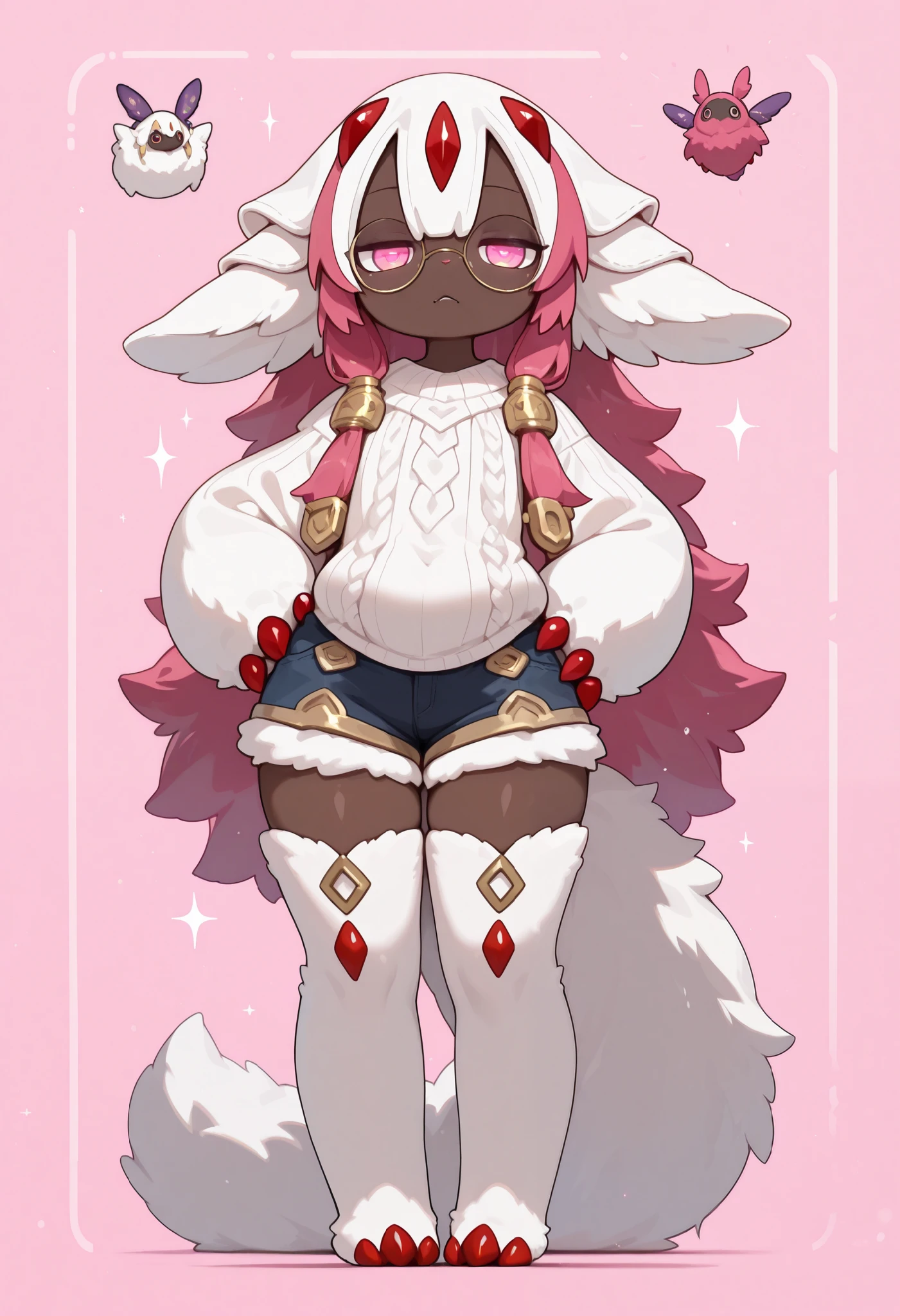 score_9, score_8_up, rbrite, solo, full body, digital art, highly detailed, (score_9, score_8_up), score_7_up, score_6_up, score_5_up, score_4_up, Faputa,((Faputa)), (Made in Abyss), Faputa, best quality, furry, gold piercing, animal nose, pink eyes, glowing eyes, round glasses, long hair, magenta hair, long tail, expressionless, closed mouth, fangs, puffy sleeves, pink background, looking at viewer, beautiful and detailed, girl (((female))) ((anthro)) (Moth), by waspsalad, by phluks, by zero-sum, (anthro, fluffy fur, character focus:1.1), anthro, faputa, body fur, nice, cute, digital drawing, (half-closed eyes), big eyes, sweater, short shorts, thigh highs, stockings, (hi res), ((masterpiece)), ((best quality)), female, clean sketch, anthropomorphic, fursona, sharp teeth, big ears, smooth hair, smooth fur, long eyelashes, makeup, thin, chubby face, white fur, moth girl, one hand on her hips, eldritch