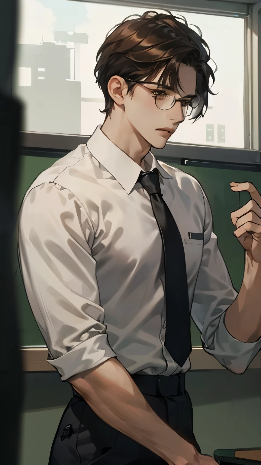 masterpiece , Top Quality, one person,Mild masculine,Afternoon,classroom,Podium, male, white shirt,tie,Black Framed Glasses,teacher,brunette,brown eyes,gentle expression
