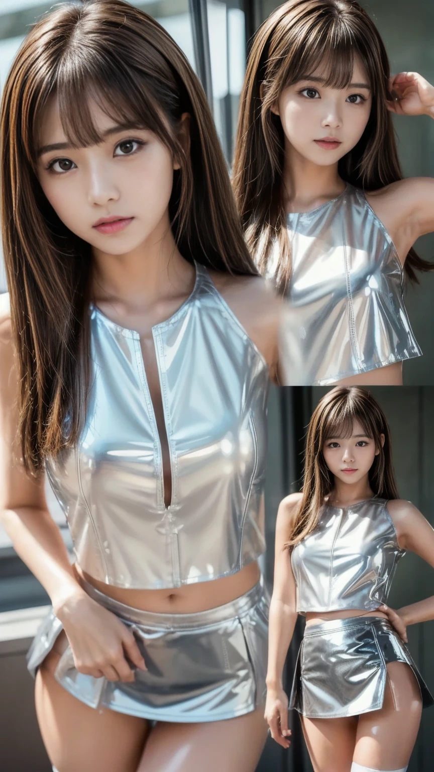 Dreamy atmosphere, High Contrast, Ultra Sharp, Studio shot、Upper body portrait、Angle from below、(Silver tiny sequin bikini:1.4), (Big and ample breasts:1.4), Focus on the chest、Slim Body Enhancement、Realistic、Realistic、Highly detailed cute girl、alone、18-year-old、Japanese、Melancholic expression, Big and ample breasts、Brown Hair、Medium bob cut hair, Silver glitter wallpaper for background、Out of focus、Blur、