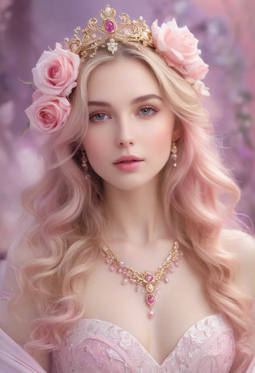 Adorable fair skinned pink haired magenta eyed European and slender young woman pink gold rose gold color theme