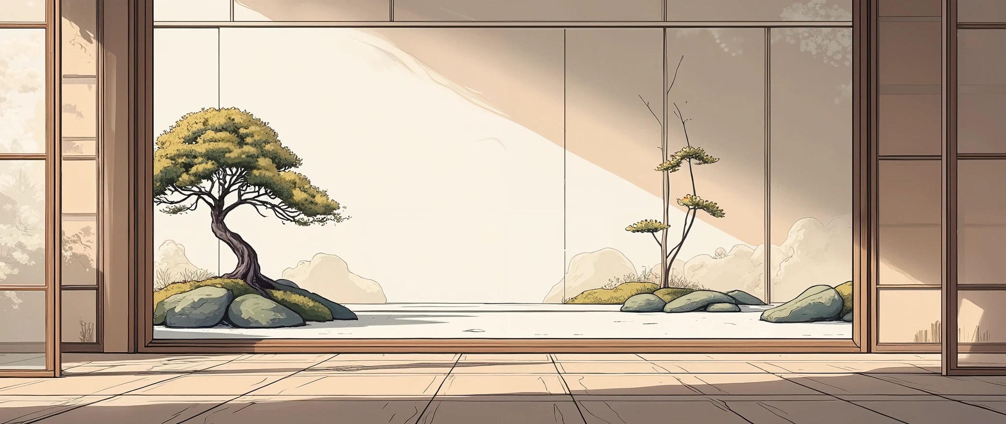 illustration in soft colors predominating , minimalism of a Japanese style living room with window to see the minimalist Japanese garden with bonsai trees, the stage evokes energy and elegance