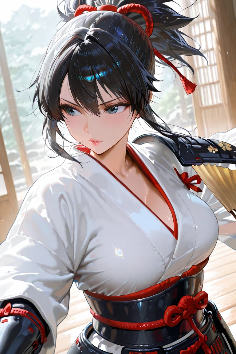 (masterpiece; best quality: 1.2), (finely detailed eyes: 1.3), ((25 year old woman)), ((solo)), (red eyes: 1.4), (body; lithe, slender, femenine: 1.3), (black hair in ponytail: 1.3), (beautiful and clear background: 1.2), ((depth of field)), (clothes: ronin attire + black hakama + black sash: 1.3), (anime illustration: 1.2), (background composition; kendo dojo + night time: 1.1), (extremely fine and beautiful: 1.1), (shot composition; standing + centered on torso + close-up: 1.5), (expression; calm, smile: 1.2)