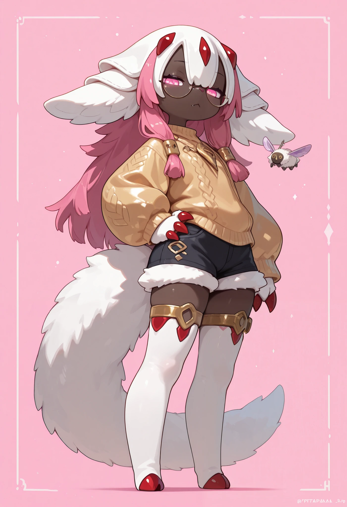 score_9, score_8_up, rbrite, solo, full body, digital art, highly detailed, (score_9, score_8_up), score_7_up, score_6_up, score_5_up, score_4_up, Faputa,((Faputa)), (Made in Abyss), Faputa, best quality, furry, gold piercing, animal nose, pink eyes, glowing eyes, round glasses, long hair, magenta hair, long tail, expressionless, closed mouth, fangs, puffy sleeves, pink background, looking at viewer, beautiful and detailed, girl (((female))) ((anthro)) (Moth), by waspsalad, by phluks, by zero-sum, (anthro, fluffy fur, character focus:1.1), anthro, faputa, body fur, nice, cute, digital drawing, (half-closed eyes), big eyes, gold sweater, short shorts, thigh highs, stockings, (hi res), ((masterpiece)), ((best quality)), female, clean sketch, anthropomorphic, fursona, sharp teeth, big ears, smooth hair, smooth fur, long eyelashes, makeup, thin, chubby face, white fur, moth girl, one hand on her hips, eldritch, side view