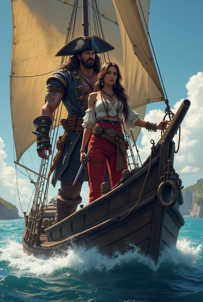 In a world of endless oceans and hidden treasures, there exists a legendary pirate couple known for their daring adventures and unbreakable bond. Picture Sam and Yovana, the fearless captains of their own pirate ships, sailing side by side through perilous storms and uncharted territories. With their trusty crews and hearts full of adventure, they seek not only gold and jewels but also the freedom to live life on their own terms. Show us the epic tale of love, loyalty, and adventure as they navigate the vast seas and leave their mark on history.