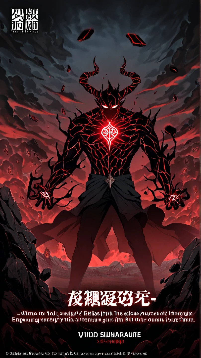 Make a beast with a long dark tail and dark skin, triangular head, long teeth and claws a muscular, agile body, has long horns and red eyes, a dark energy surrounds your entire body