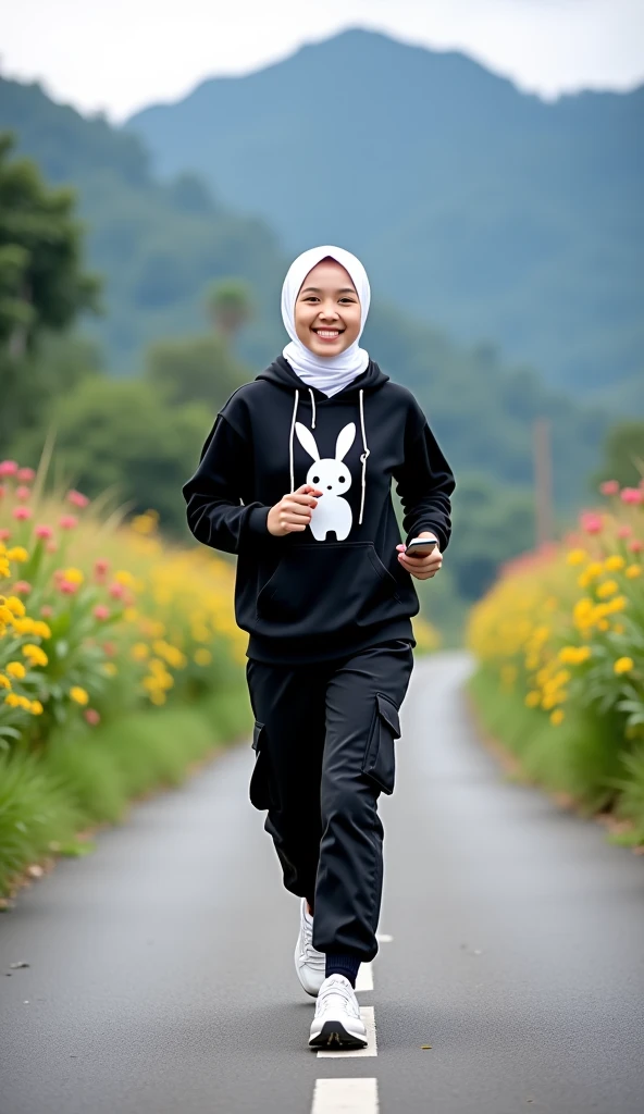 Beautiful Korean girl, smooth white skin, well-groomed face, thin smile, white hijab, black hoodie, rabbit motif, black cargo pants, white snacker shoes, wearing headphones in ears, iPhone cell phone in hand, jogging on a very exotic country road Background Mountain road, on either side of the road there are lush rice fields with colorful flowers which look authentic, real and realistic in photos