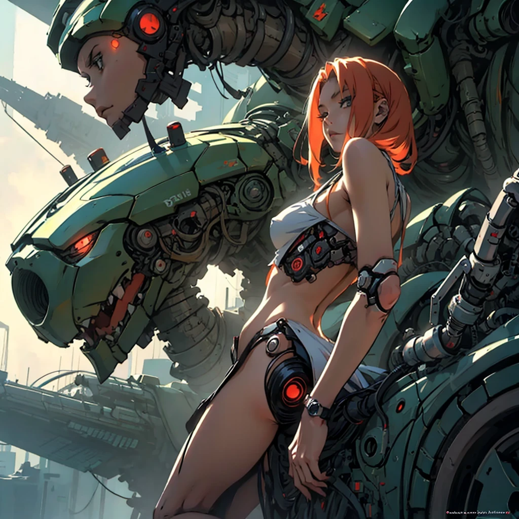 A female robot with large robotic breasts and a large green and red mechanical butt with a metallic face in a jungle
