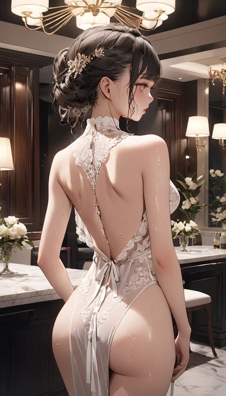 (masterpiece:1.2, highest quality), realistic, (real picture, intricate details, Depth of the bounds written，High-neck clothes), parted lips, very detailed, perfect face, perfect body, large model,
mature woman, expensive, long legs, 
natural bokeh background,Costume with large open chest,revealing costumes,The lower body is only underwear,Only the upper body is dressed,random hairstyles,back view,Sheer buttocks