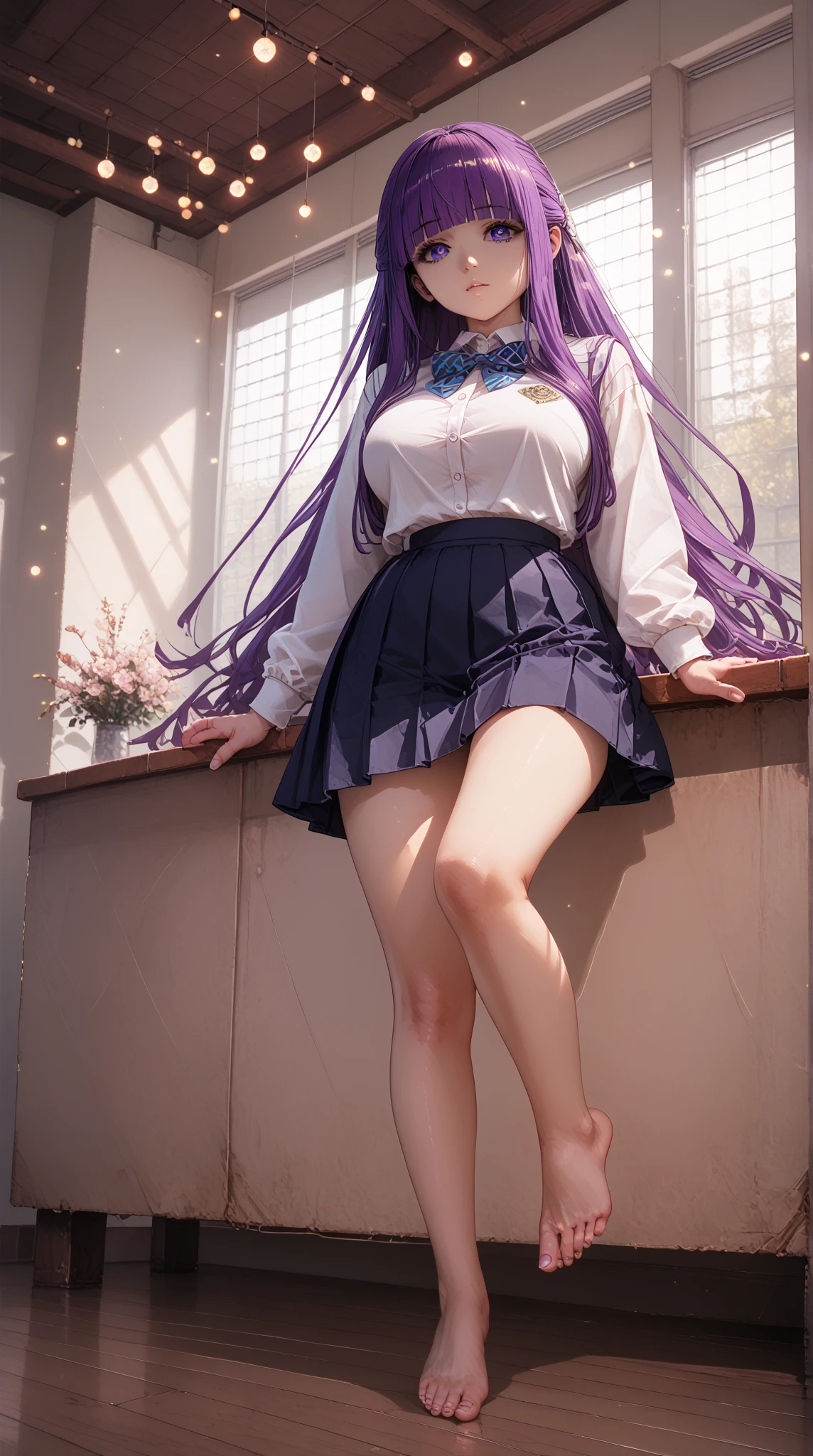 (best quality, detailed, colorful),portrait,girl, with long violet hair, beautiful face, small breasts, wearing a skirt with panties and a shirt, sitting on squatting position, spreading legs
