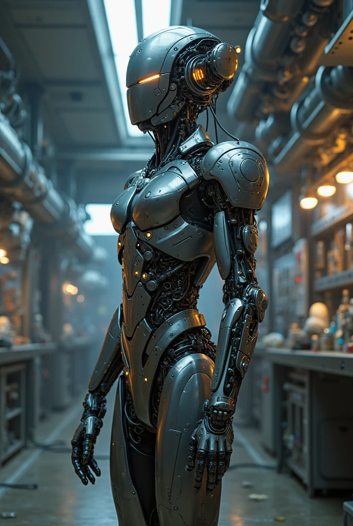 Textured skin, Very detailed, Attention to detail, high quality, 最high quality, High resolution, 1080P, hard disk, beautiful,(War Machine),beautifulサイボーグ女性,Mecha Cyborg Girl,Battle Mode,Girl with a mechanical body Black Hair Short Hair Boyish Dark green armor Sweaty and wet face The change is over Met Off Steam coming from the head Steam coming out of the whole body Painful expression Please open your mouth wide Snug-fitting headgear Black Inner Suit Full body portrait from the front